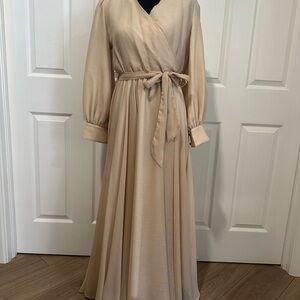 Ivy City Co Tan Gold Wrap Gown with Bishop Sleeves